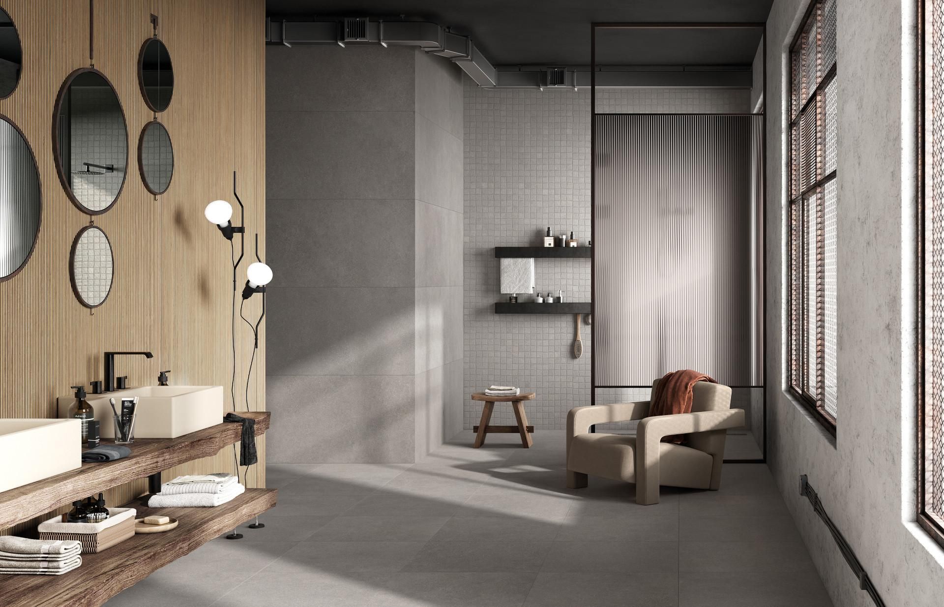 Moderne badkamer met grijze betonlook keramische tegels