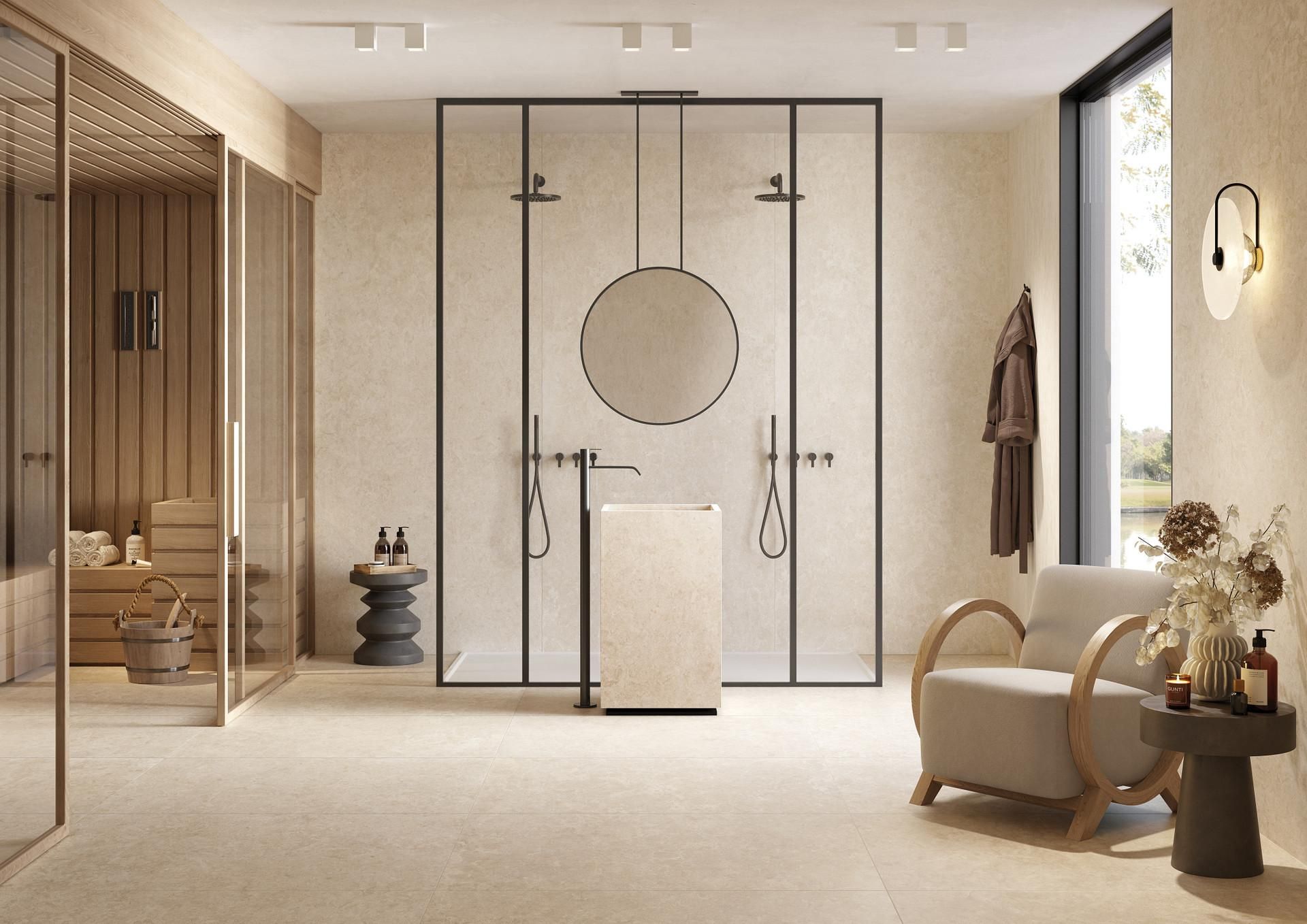 Moderne badkamer met beige keramische tegels, dubbele inloopdouche en sauna